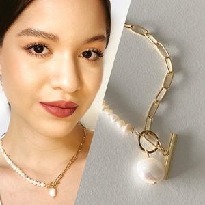 Gold Plated Cultured Baroque Freshwater Pearl Pendant Choker Necklace‎